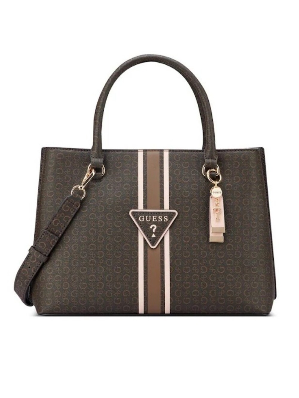 Guess Brown Monogram Stripe Satchel Handbag